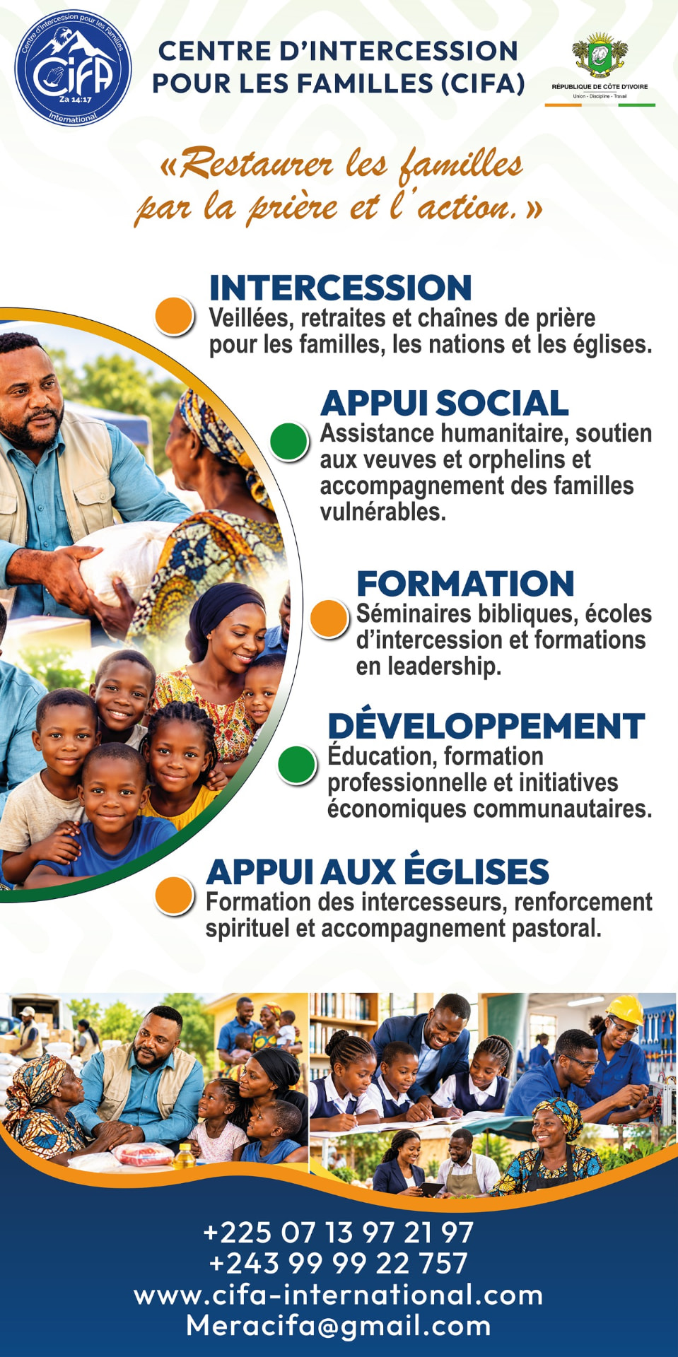Affiche officielle des piliers d'intervention du CIFA : intercession, appui social, formation, développement, appui aux églises